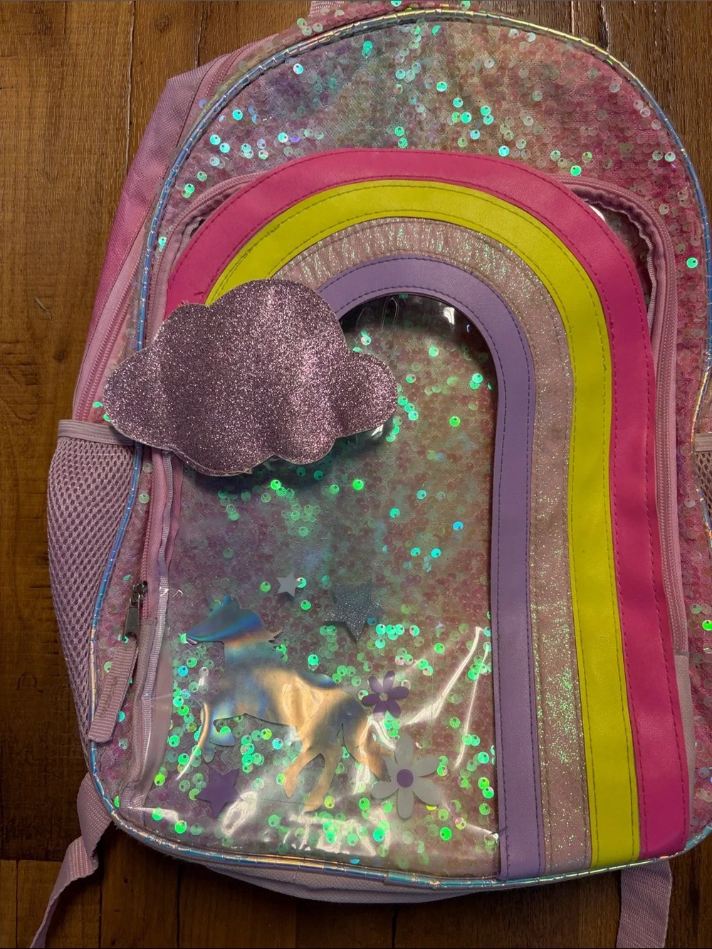 Backpack Girls Pink Holographic Rainbow with Cloud Accent & Sequins